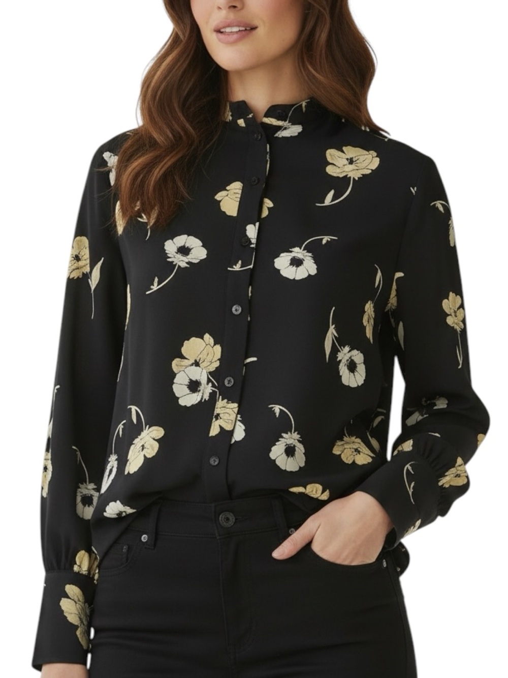 NWT ANN TAYLOR Black Floral Long Sleeve Button Front Blouse Size Large